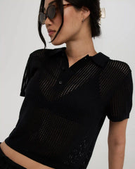 Short Sleeve Knitted Mesh Polo | Black