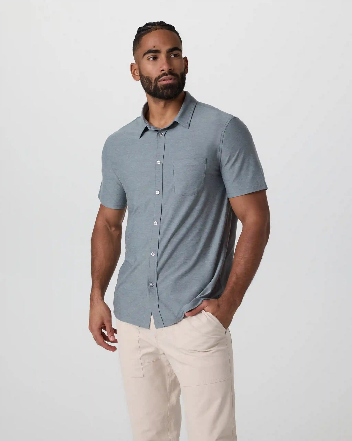 Short Sleeve Strato Button Down | Dusty Blue Heather
